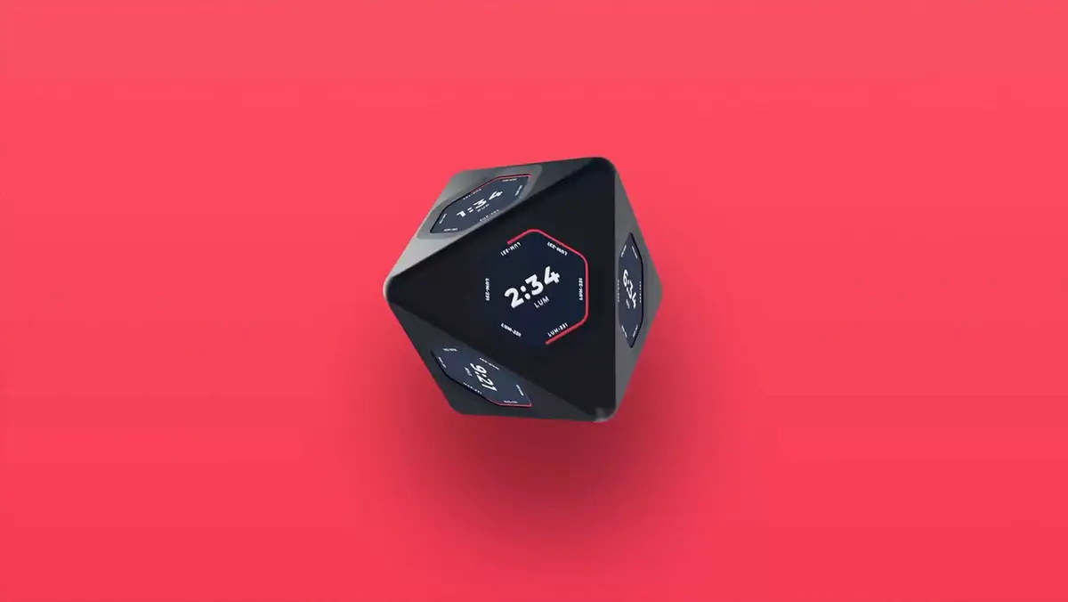 Black multi-sided smart device with time displays on a red background