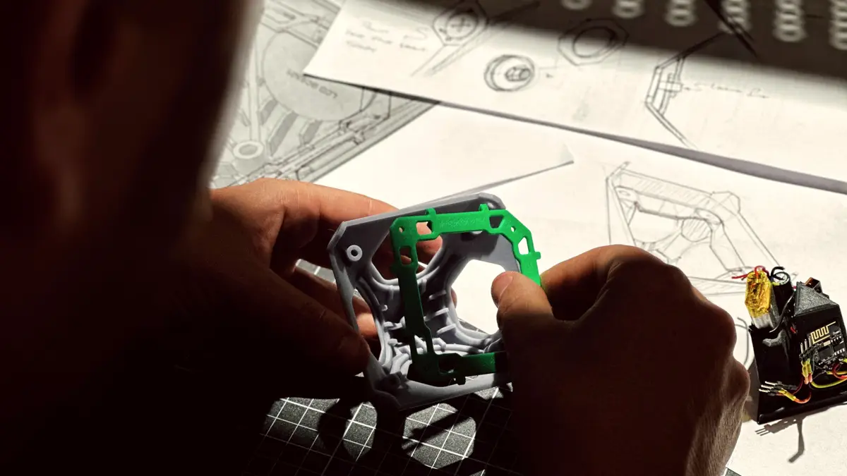 Hands fitting a green 3D-printed part into a prototype over design sketches