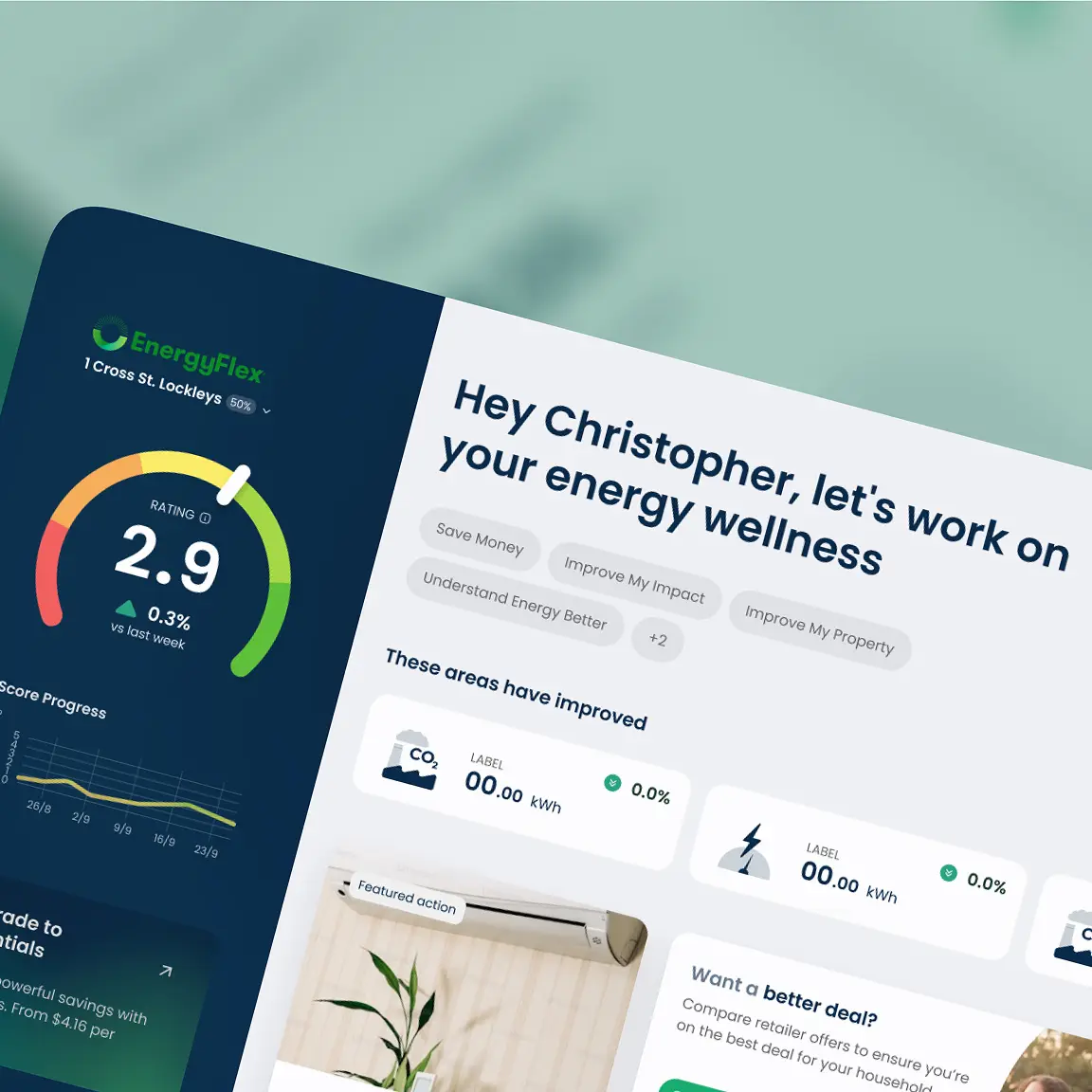 EnergyFlex web dashboard showing an energy rating gauge and improvement areas
