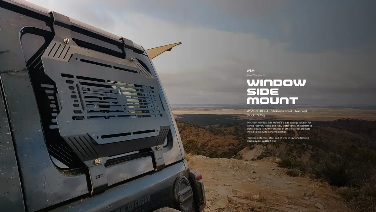 JKSM Window Side Mount fitted to a Jeep Wrangler overlooking outback hills